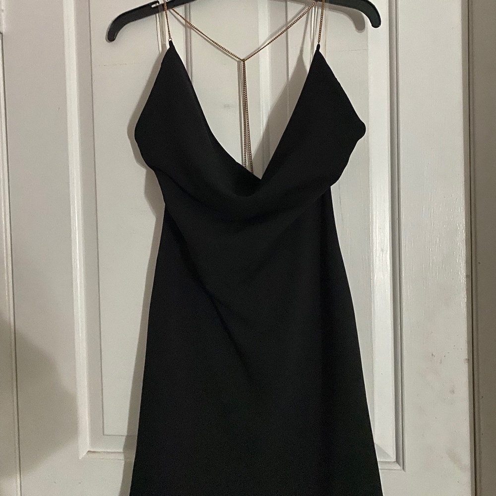 Black Mini Dress with Gold Back Chain